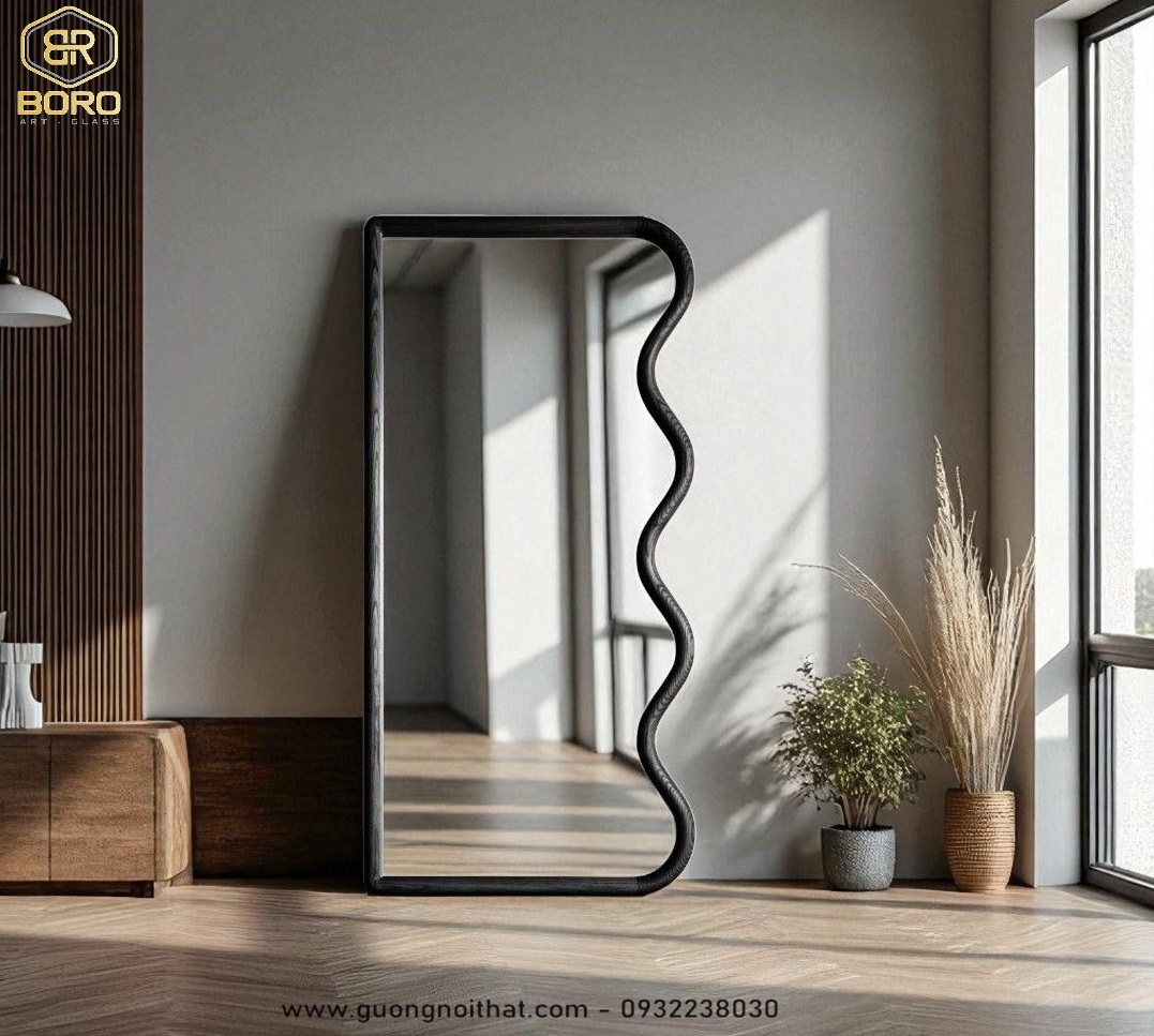 Gương khung gỗ , gương hiện đại, gương nhà tắm, Khung gương gỗ, Gương toàn thân viền gỗ lượn sóng