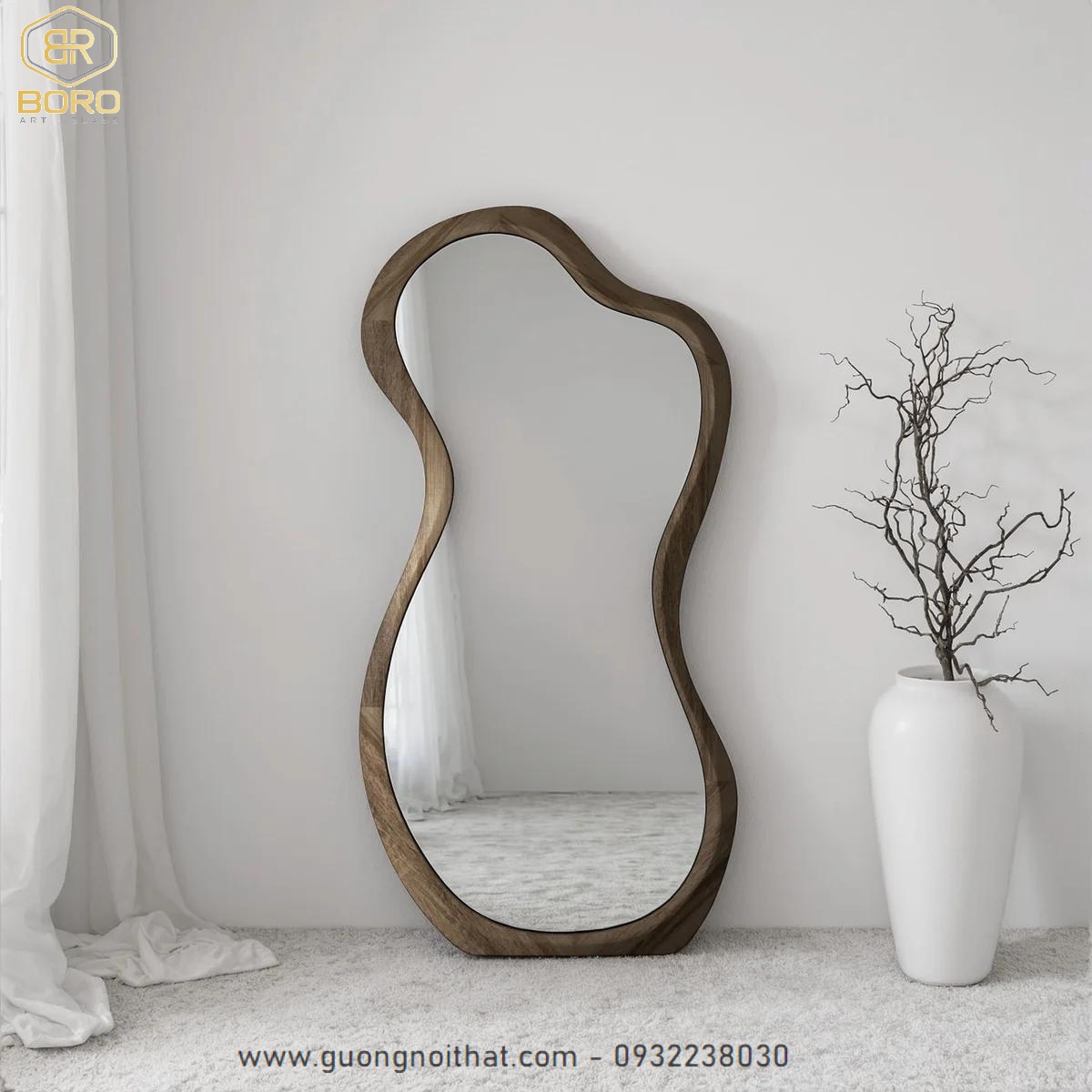 Gương soi toàn thân hình dạng bất đối xứng, gương hiện đại, gương nhà tắm, Khung gương gỗ, Gương dài toàn thân