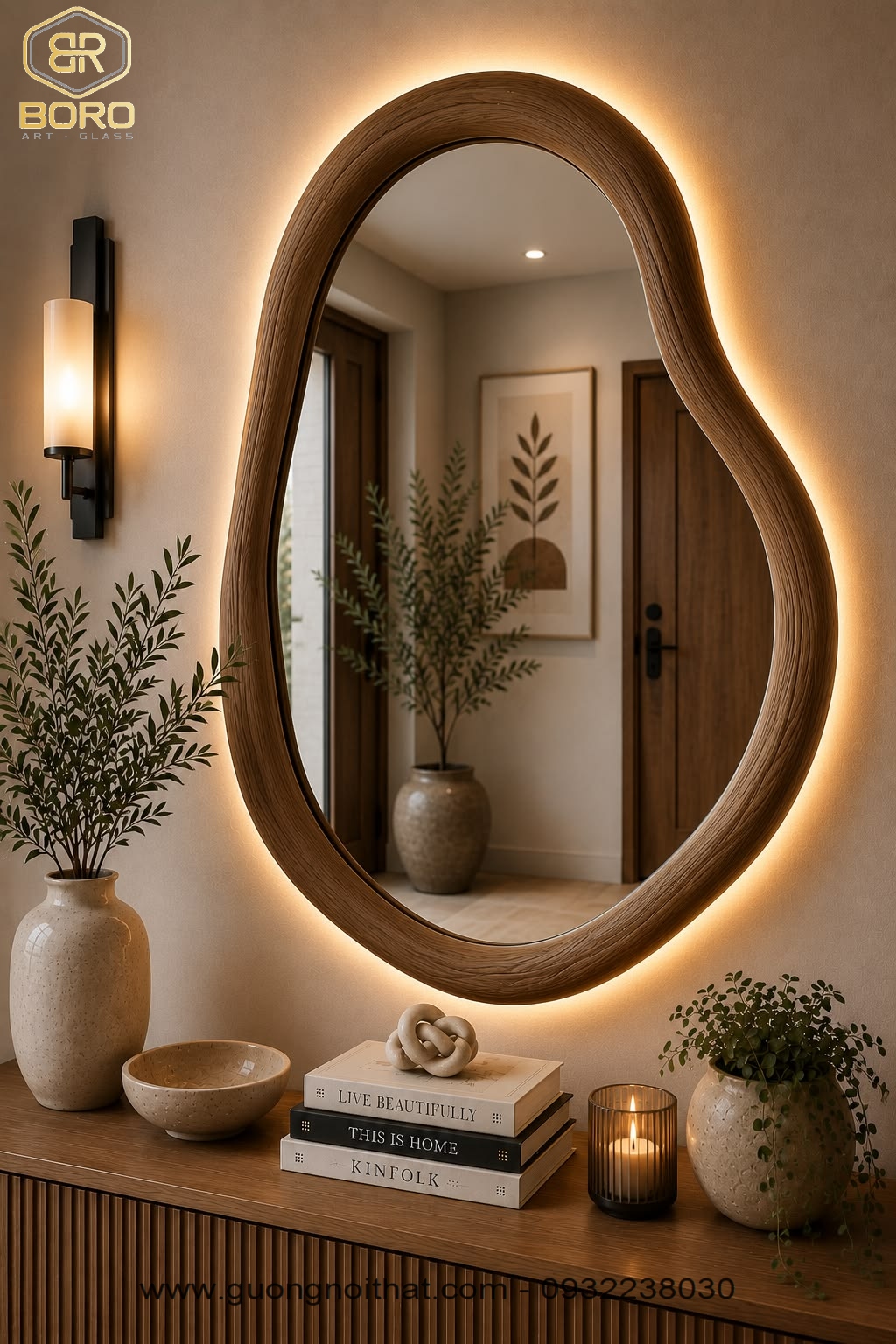 Gương khung gỗ trang trí, gương hiện đại, gương nhà tắm, Gương khung gỗ