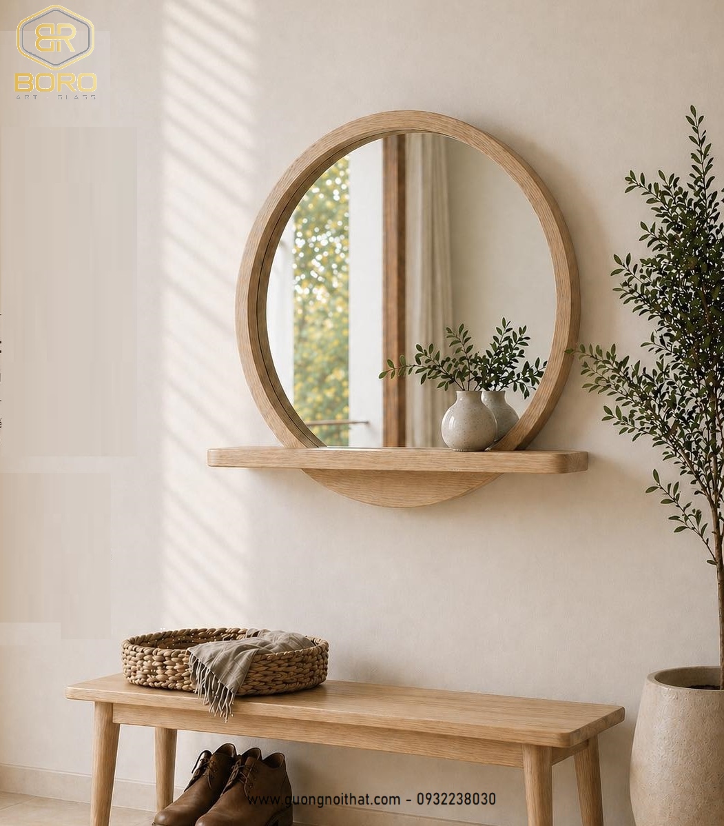 Gương khung gỗ trang trí, Gương tròn khung gỗ, Gương khung gỗ