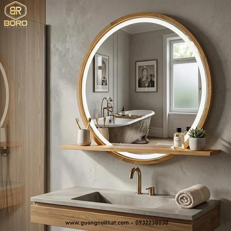Gương tròn đèn led khung gỗ, Gương tròn khung gỗ, Gương khung gỗ