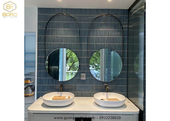 Gương khung inox, gương hiện đại, Bộ đôi gương tròn treo tường