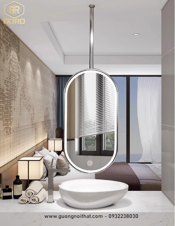 Gương led khung inox có thanh treo , gương hiện đại, gương nhà tắm, Khung gương inox, Gương treo trần bằng inox