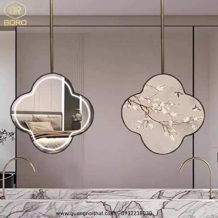Gương khung inox, gương hiện đại, Gương treo tường hình hoa một thanh có đèn, Gương khung inox treo trần
