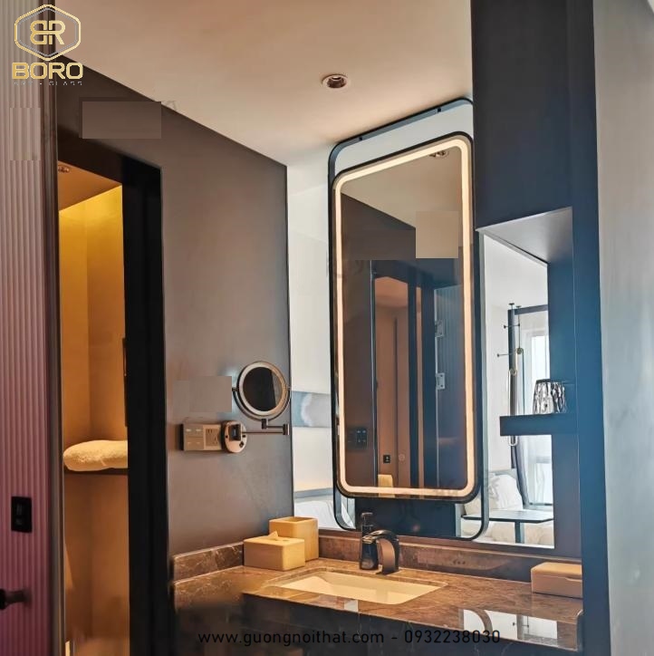 Gương led khung inox có thanh treo , gương hiện đại, gương nhà tắm, Khung gương inox