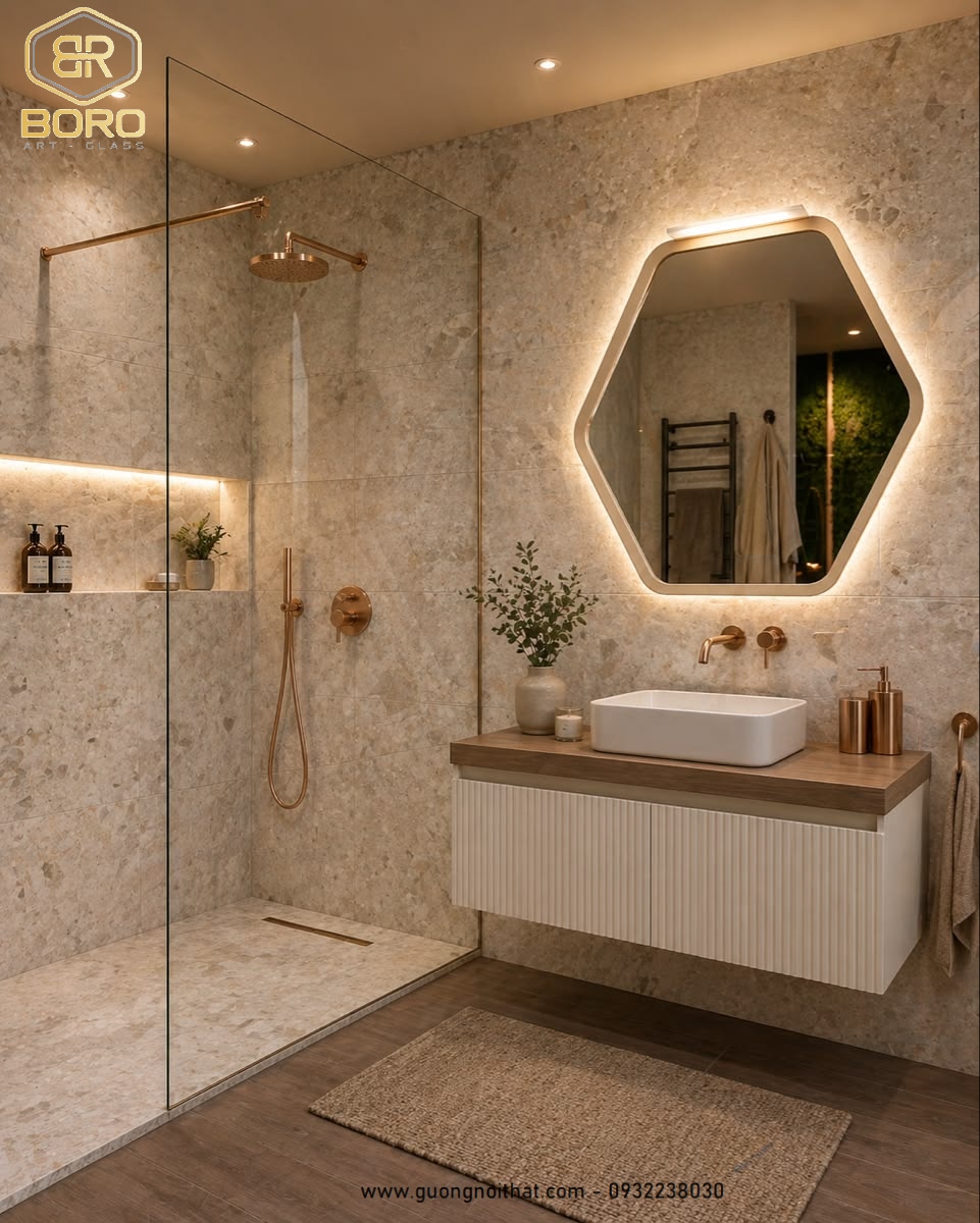 Gương lục giác, gương hiện đại, gương nhà tắm, gương khung gỗ