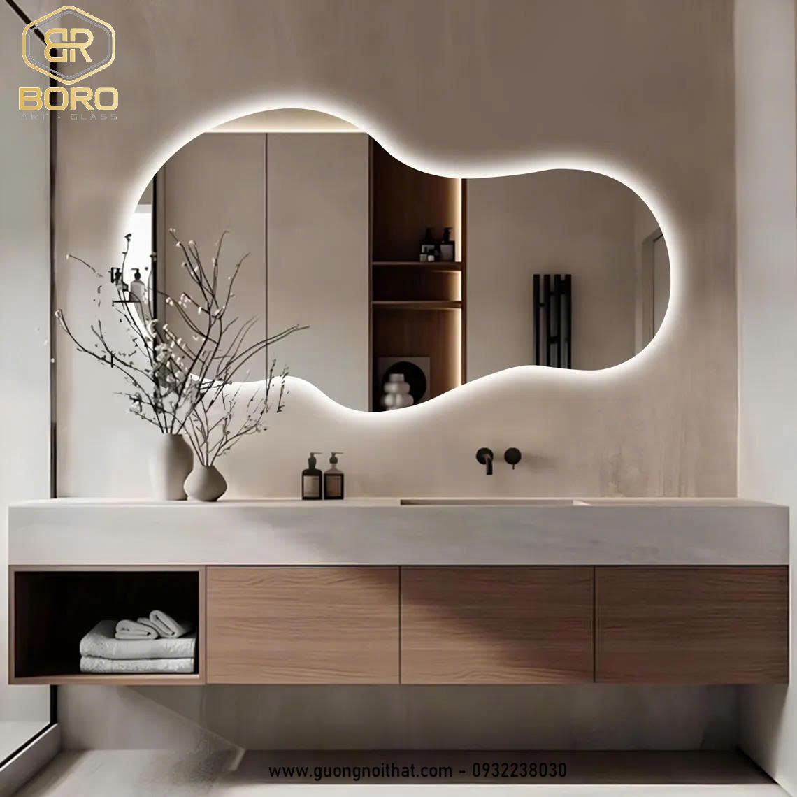 Gương phòng tắm LED không đối xứng, Gương trang trí không khung có đèn hiện đại