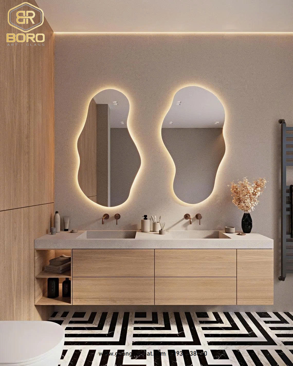 Gương không đều có đèn LED, Gương phòng tắm có đèn LED, Gương chiếu sáng không đối xứng, Gương trang điểm