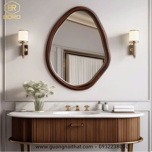 Gương nghệ thuật hình dạng bất thường khung gỗ CNC121, kích thước 60*80cm
