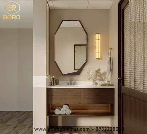 Gương đa giác khung gỗ tự nhiên CNC122, Kích thước 60*100cm