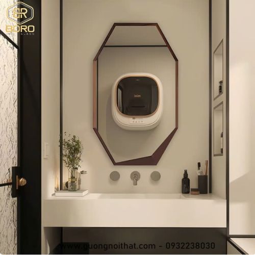 Gương đa giác khung gỗ tự nhiên CNC122, Kích thước 60*100cm