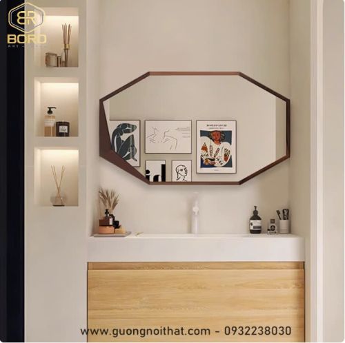 Gương đa giác khung gỗ tự nhiên CNC122, Kích thước 60*100cm