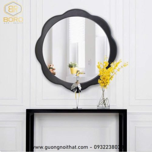 Gương tròn hình cánh hoa bằng gỗ tự nhiên CNC129, kích thước 64*64cm