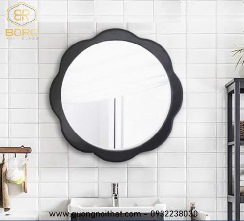 Gương tròn hình cánh hoa bằng gỗ tự nhiên CNC129, kích thước 64*64cm