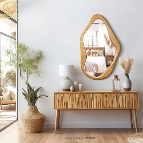 Gương khung gỗ tự nhiên treo tường cao cấp CNC149, kích thước 60*100cm