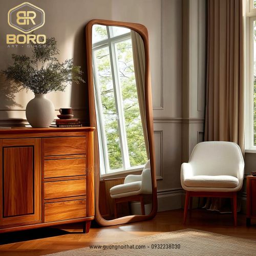 Gương toàn thân phong cách Bắc Âu, gương gỗ phòng ngủ gia đình, phòng khách, gương thử đồ cửa hàng quần áo CNC153, kích thước 80*180 cm