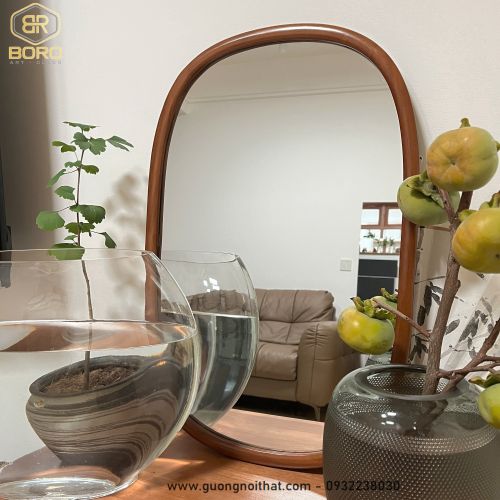 Gương phòng tắm, gương trang trí, gương khung gỗ CNC154, kích thước 60*80cm