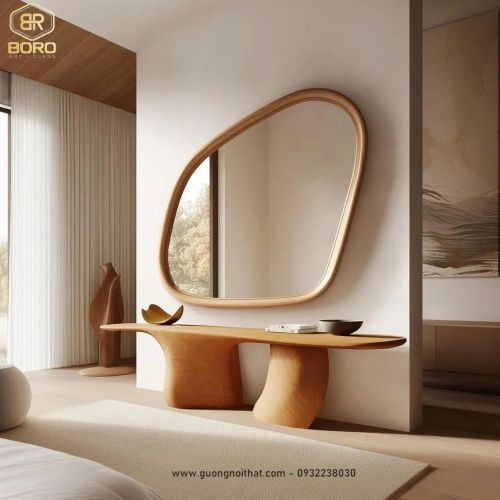 Gương phòng tắm, Gương gỗ độc đáo, gương khung gỗ CNC155, kích thước 76*80cm