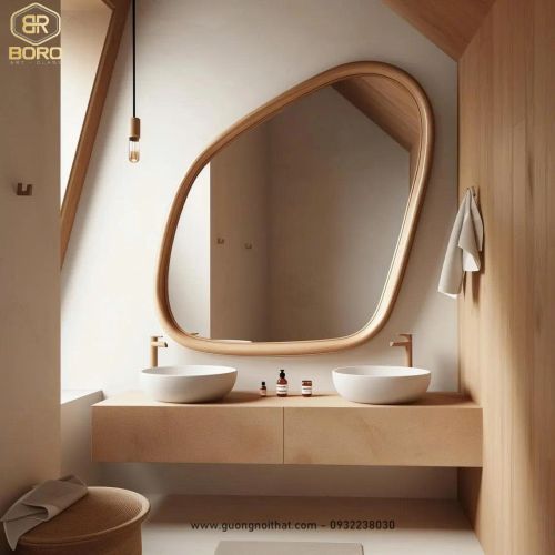 Gương phòng tắm, Gương gỗ độc đáo, gương khung gỗ CNC155, kích thước 76*80cm