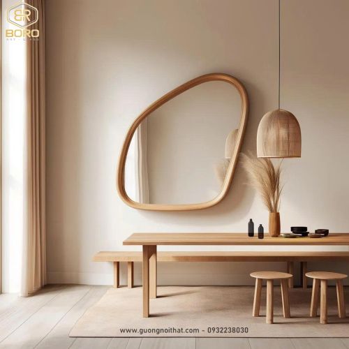 Gương phòng tắm, Gương gỗ độc đáo, gương khung gỗ CNC155, kích thước 76*80cm