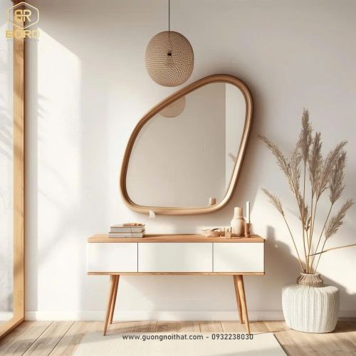 Gương phòng tắm, Gương gỗ độc đáo, gương khung gỗ CNC155, kích thước 76*80cm