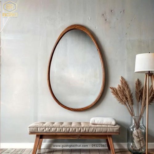Gương trang điểm, Gương hình quả trứng, gương khung gỗ CNC156, kích thước 53*95cm