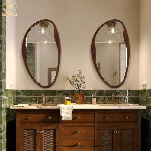 Gương gỗ không đối xứng, Gương treo tường không đều CNC157, kích thước 60*90cm