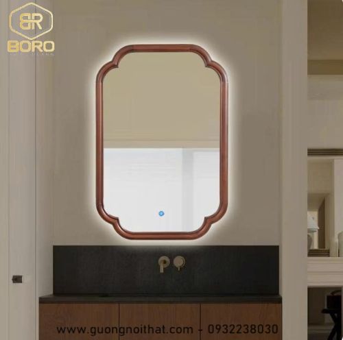 Gương trang trí, gương  khung gỗ tự nhiên bản soi có đèn led CNC160-LED, kích thước 60*90cm