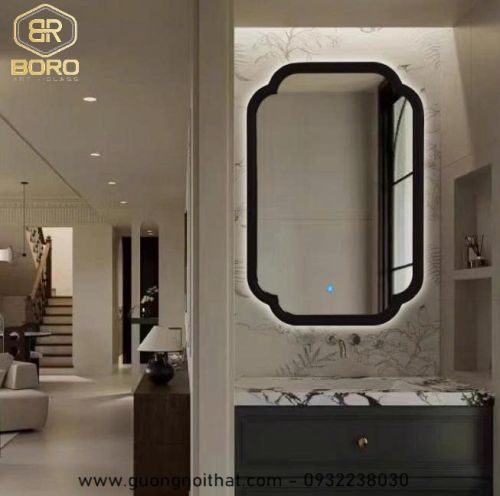 Gương trang trí, gương  khung gỗ tự nhiên bản soi có đèn led CNC160-LED, kích thước 60*90cm