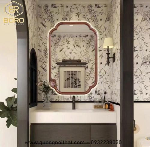 Gương trang trí, gương  khung gỗ tự nhiên bản soi có đèn led CNC160-LED, kích thước 60*90cm