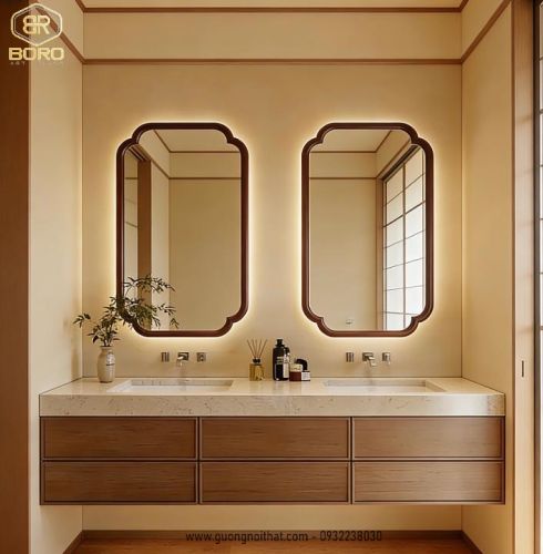 Gương trang trí, gương  khung gỗ tự nhiên bản soi có đèn led CNC160-LED, kích thước 60*90cm