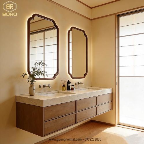 Gương trang trí, gương  khung gỗ tự nhiên bản soi có đèn led CNC160-LED, kích thước 60*90cm