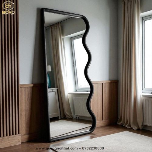 Gương toàn thân viền gỗ lượn sóng, gương phòng khách toàn thân CNC168, kích thước 60*160cm