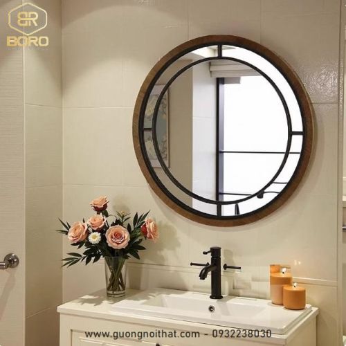Gương tròn treo tường kiểu cổ điển dùng cho phòng tắm, phòng ngủ, phòng trang điểm, phòng khách CNC169, kích thước 60*60 cm