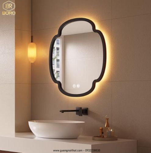 Gương khung gỗ kết hợp led thông minh hình cỏ bốn lá độc đáo CNC173-LED, kích thước 70*70 cm