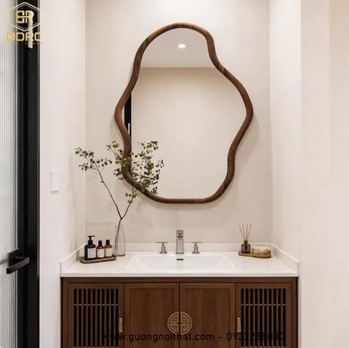 Gương trang điểm kiểu Bắc Âu hình dáng bất thường, Gương nhà tắm khung gỗ CNC177, kích thước 60*90 cm