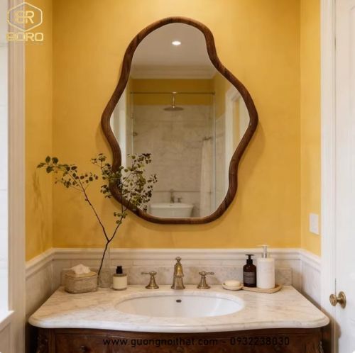 Gương trang điểm kiểu Bắc Âu hình dáng bất thường, Gương nhà tắm khung gỗ CNC177, kích thước 60*90 cm