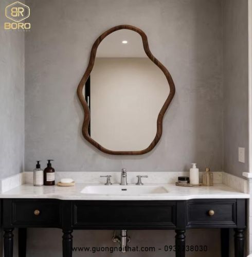 Gương trang điểm kiểu Bắc Âu hình dáng bất thường, Gương nhà tắm khung gỗ CNC177, kích thước 60*90 cm