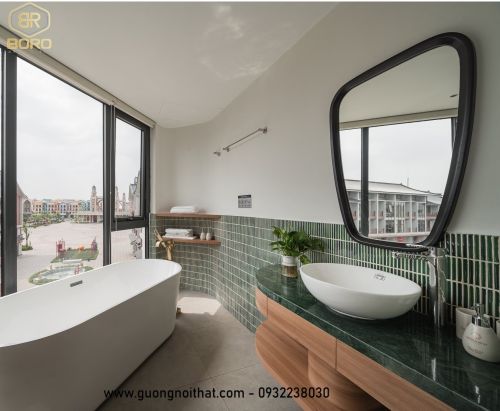 Gương gỗ, Gương khung gỗ tự nhiên, Gương treo tường CNC179, kích thước theo yêu cầu