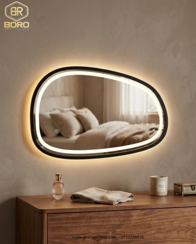Gương khung gỗ trang trí có đèn led viền sáng CNC188-LED, kích thước 60*90 cm