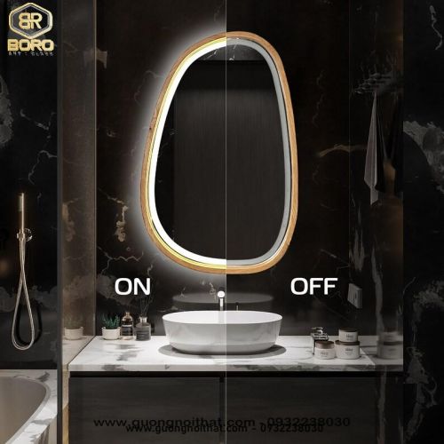 Gương khung gỗ trang trí có đèn led viền sáng CNC188-LED, kích thước 60*90 cm