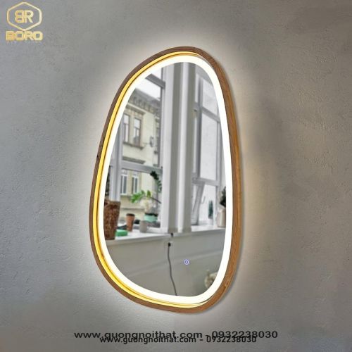 Gương khung gỗ trang trí có đèn led viền sáng CNC188-LED, kích thước 60*90 cm