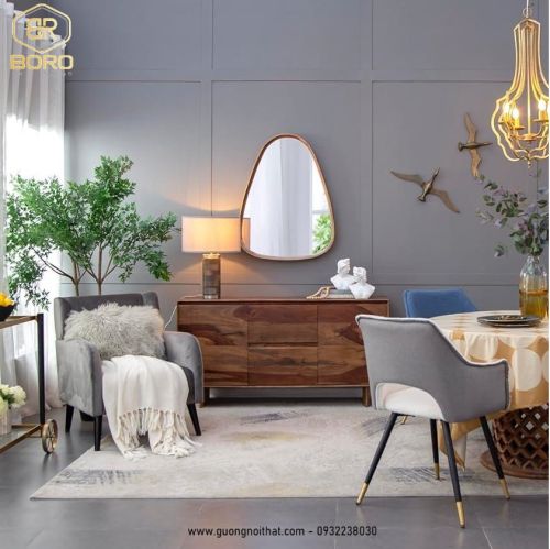 Gương trang trí kiểu Bắc Âu, Gương nhà tắm khung gỗ CNC189, kích thước 60*90 cm