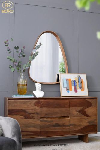 Gương trang trí kiểu Bắc Âu, Gương nhà tắm khung gỗ CNC189, kích thước 60*90 cm