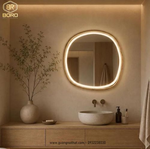Gương khung gỗ trang trí có đèn led viền sáng CNC195-LEDVIEN, kích thước 60*60 cm