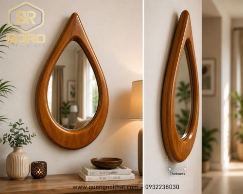 Gương treo tường khung gỗ hình giọt nước CNC206, kích thước 60*80 cm