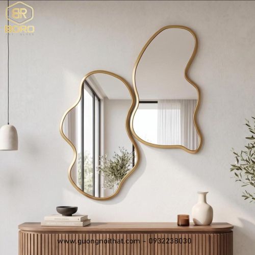 Bộ 2 gương treo tường không đối xứng, bộ gương lượn sóng không đều cho bàn trang trí CNC213