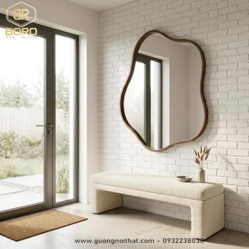 Gương trang trí kiểu Bắc Âu, Gương nhà tắm khung gỗ CNC217, kích thước 60*80 cm