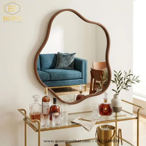 Gương trang trí kiểu Bắc Âu, Gương nhà tắm khung gỗ CNC217, kích thước 60*80 cm