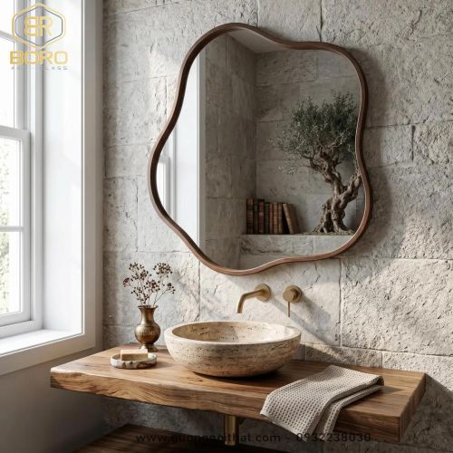 Gương trang trí kiểu Bắc Âu, Gương nhà tắm khung gỗ CNC217, kích thước 60*80 cm